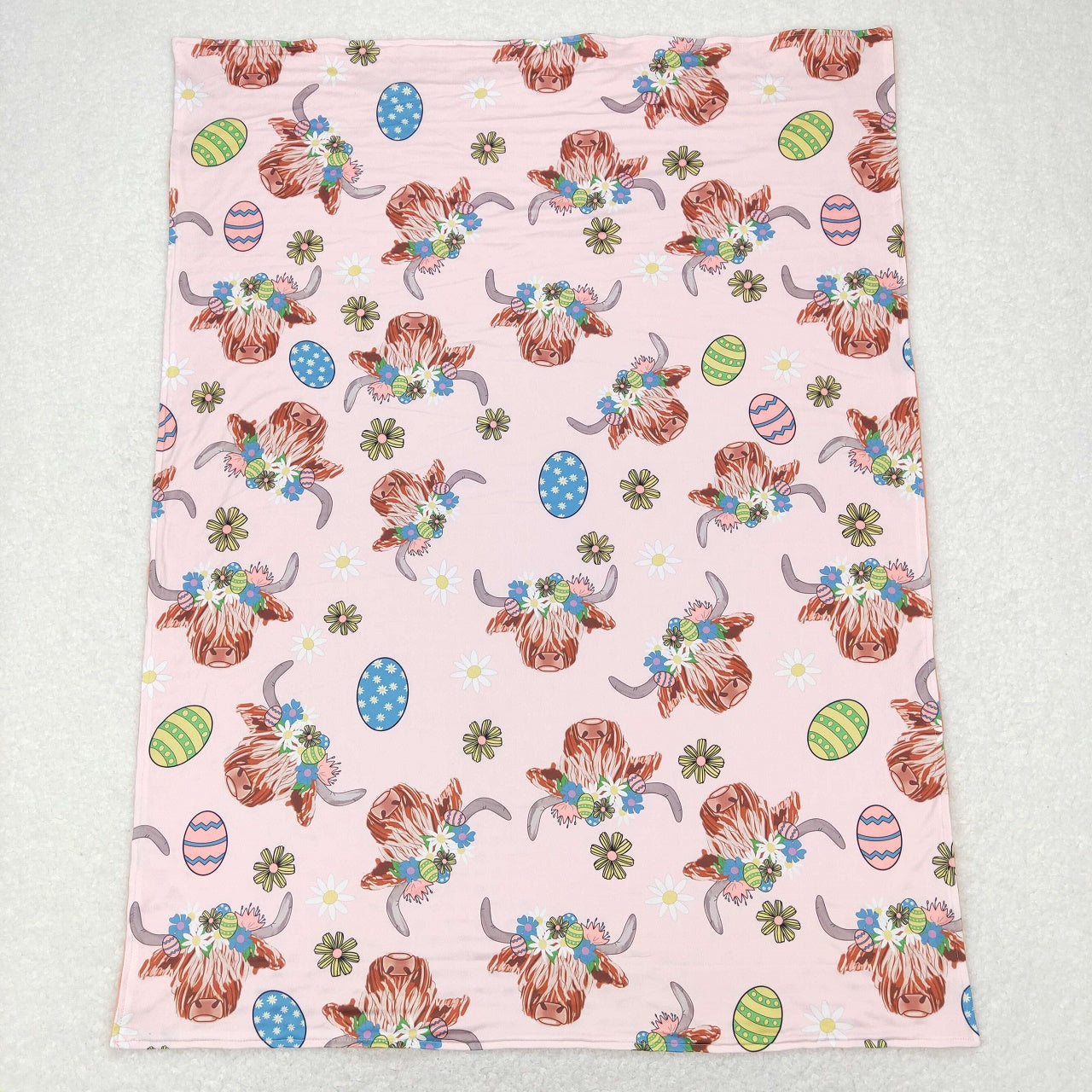 BL0095 Easter Baby Girl Cow Eggs Floral Pink Blanket