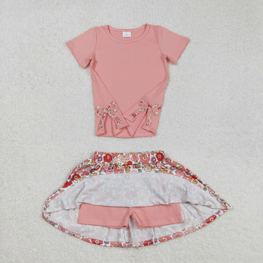 Baby Girl Short Sleeves Embroidery Bows Pink Shirt Flower Skirt Shorts Skorts Set RTS