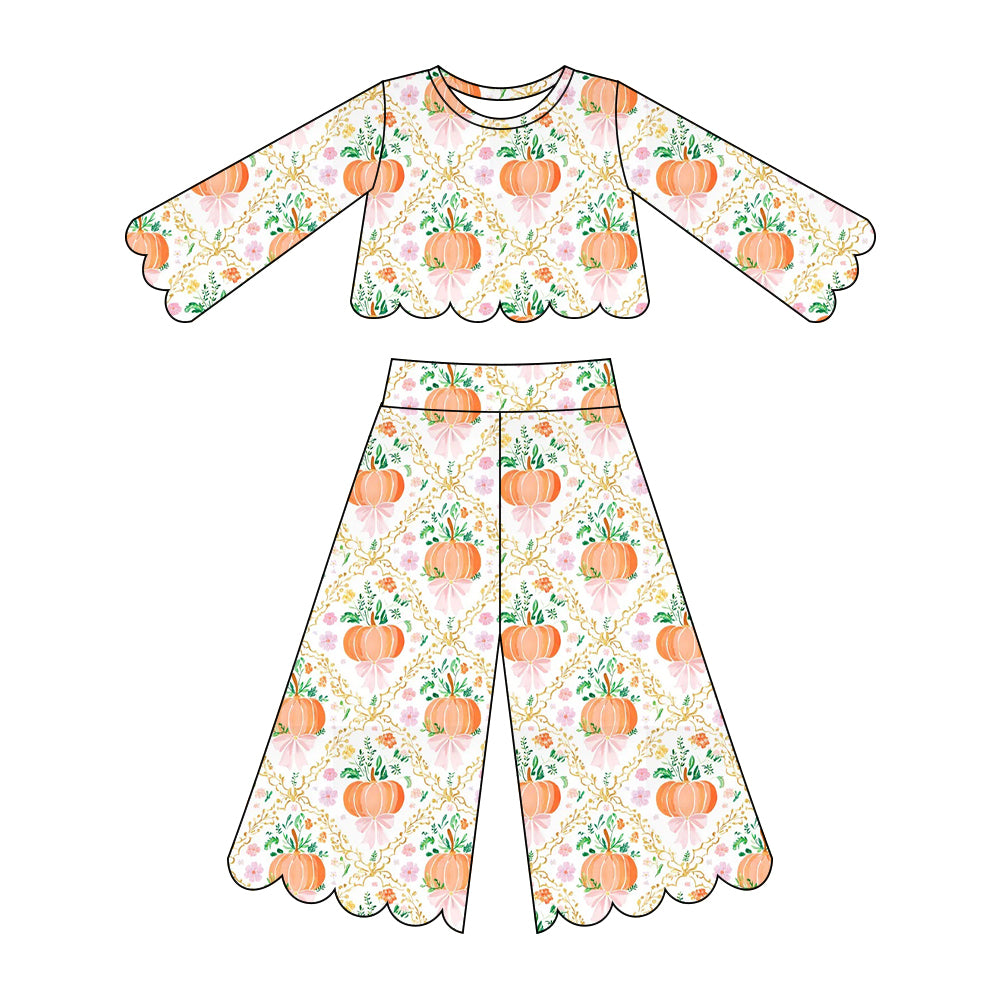 ( Moq 5 ) Preorder Baby Girls Kids Pumpkins Bows Flower Shirt Scallop Pants Set Fall Clothes