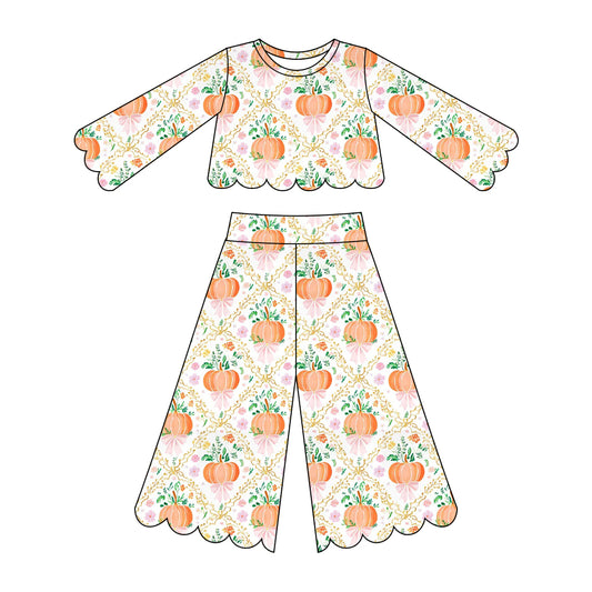 ( Moq 5 ) Preorder Baby Girls Kids Pumpkins Bows Flower Shirt Scallop Pants Set Fall Clothes