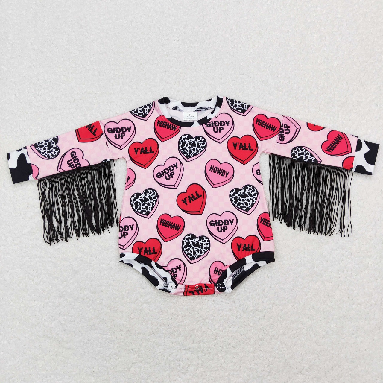 LR0815 Baby Girl Tassel Long Sleeves Valentine Hearts One Piece Romper