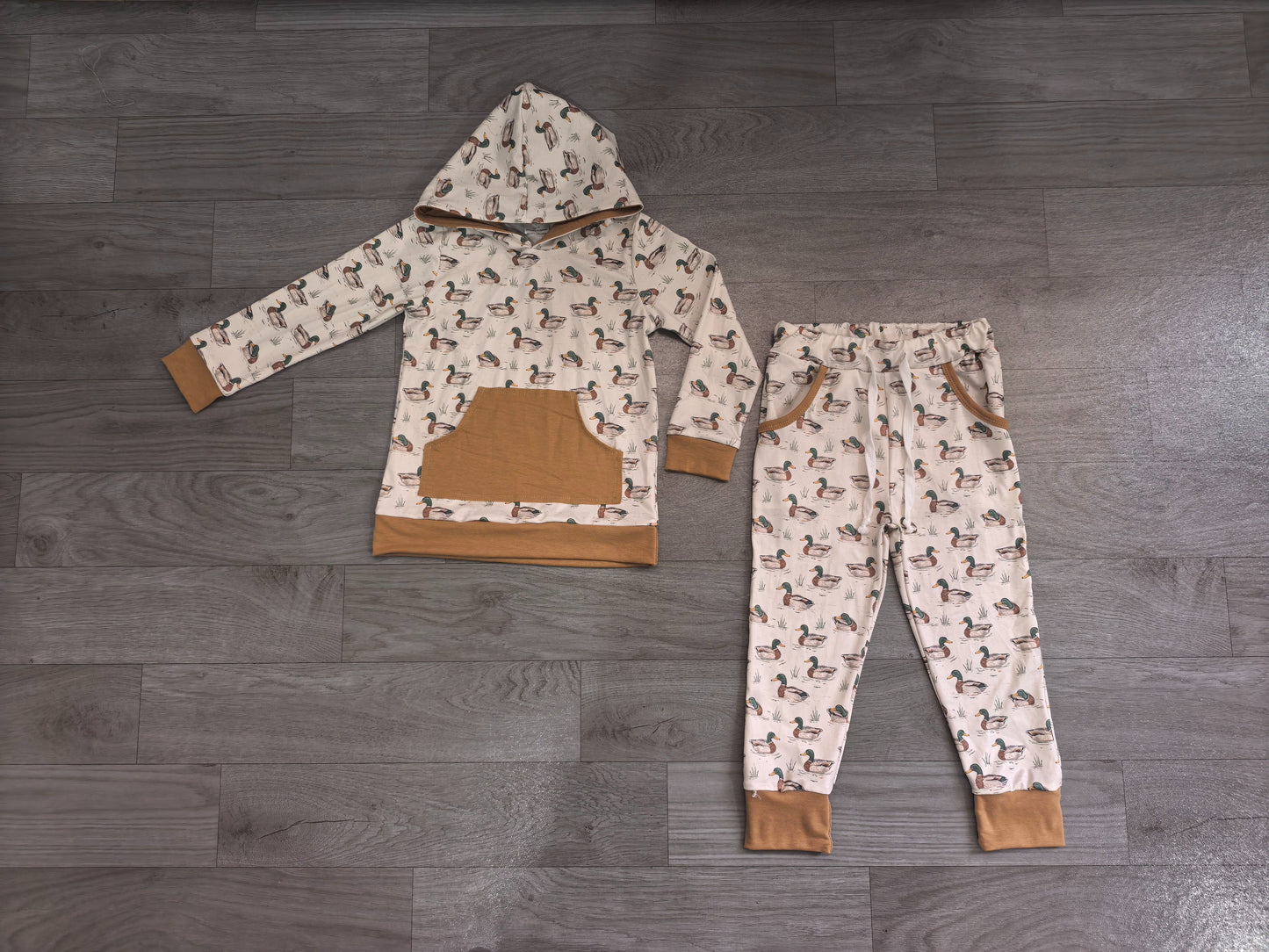 ( No moq ) Preorder Baby Boys Kids Long Sleeves Ducks Hoodie Shirt Pockets Pants Set Clothes