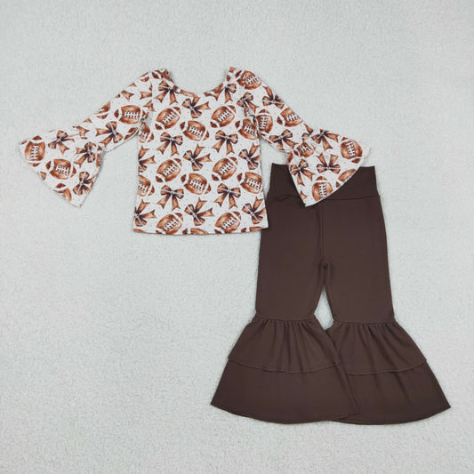 Baby Girls Kids Long Sleeves Footballs Bows Tops Brown Bell Bottom Pants Team Set RTS