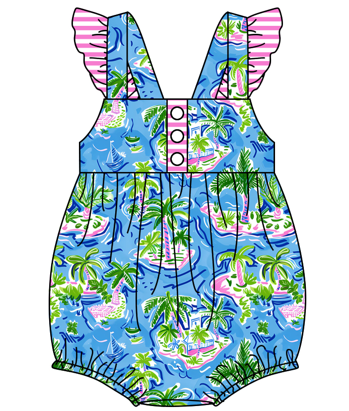 Baby Girl Short Sleeves Tree Stripes Sibling Romper Dress Clothes Set ( Moq 5 Each Design )