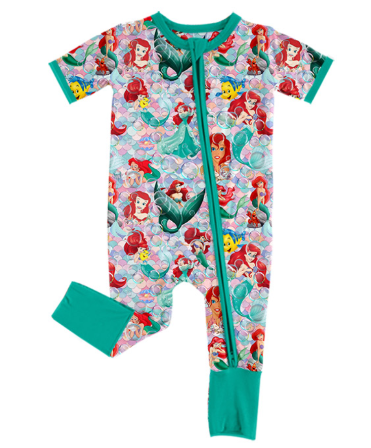 Baby Girl Infant Short Sleeves Princess Green Zipper Romper Moq 5