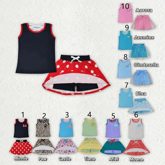 8-10 Colors Baby Girl Sleeveless Princess Shirt Skorts Sibling Outfit RTS