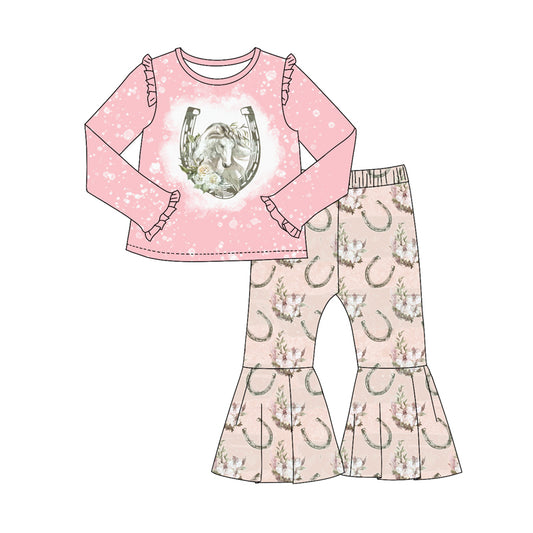 Baby Girl Long Sleeves Pink Shirt Flower Bell Pants Western Set