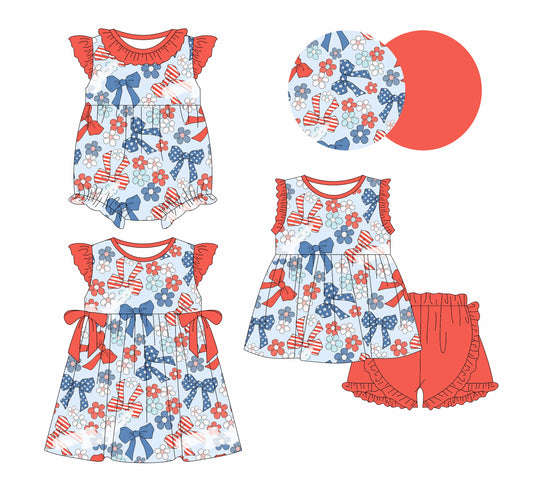 Baby Girl Flower Bows July 4th Sibling Romper Dress Set ( Moq 5 Each Style ) 2.11