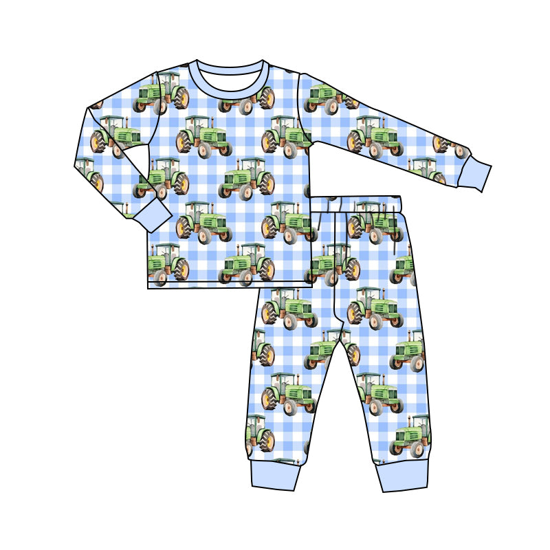 Baby Boy Long Sleeves Trucks Farm Shirt Blue Plaid Pants Set Pajamas