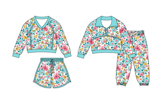 ( Moq 5 Each Style ) Sibling Baby Girls Flower Long Sleeves Zipper Green Shirt Shorts Pants Sets