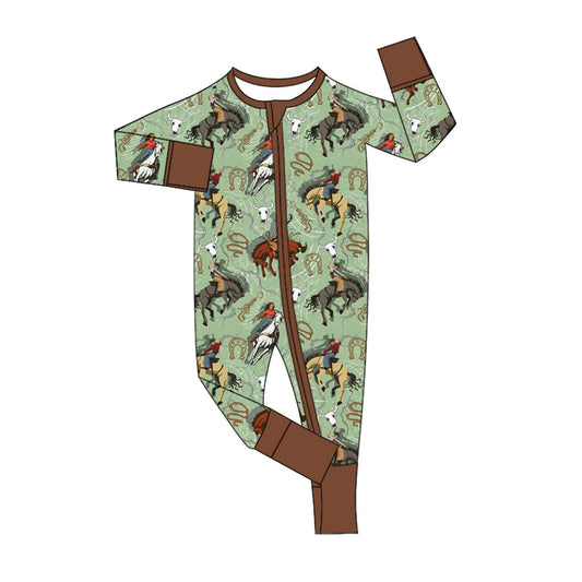 Baby Boy Long Sleeves Western Rodeo Green Zipper Romper