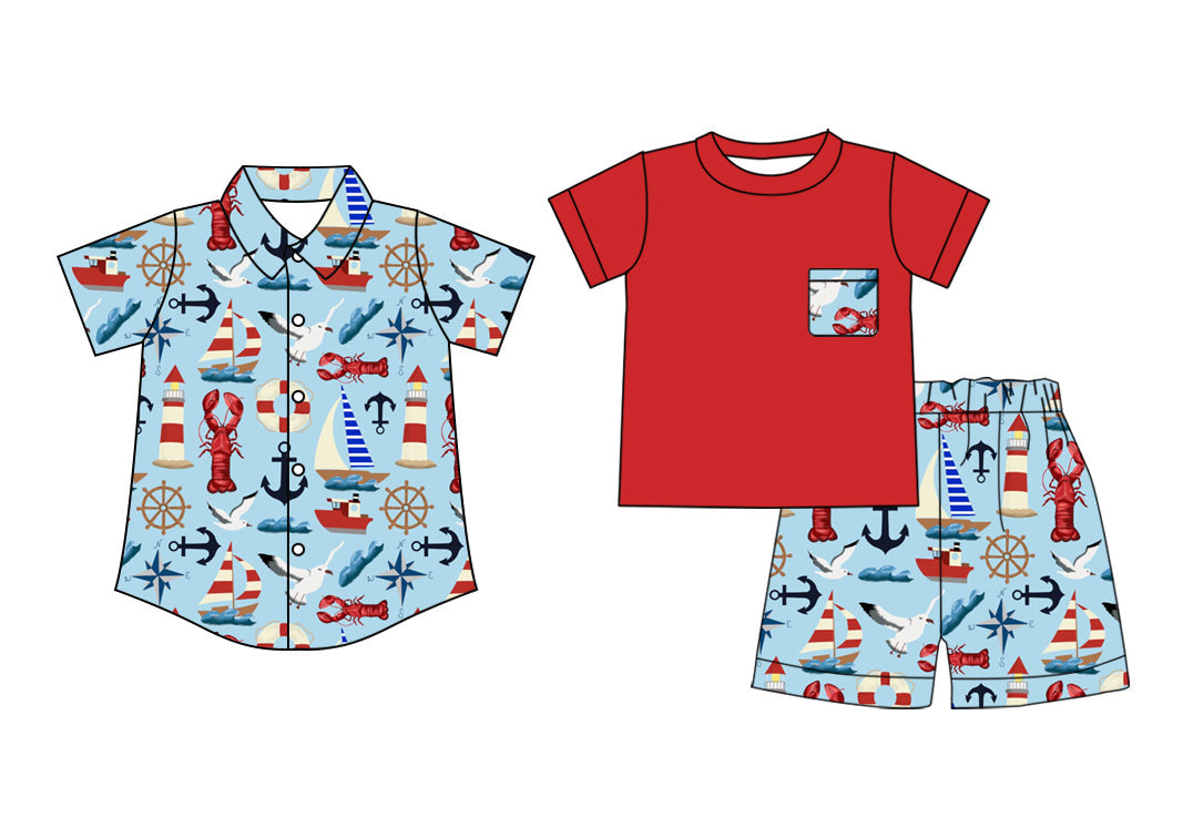 Baby Boy Short Sleeves Crawfish Boats Sibling Shirt Set ( Moq 5 Each Style ) 2.18