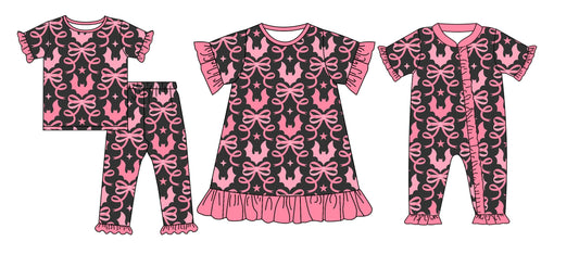( Moq 5 Each Style ) Baby Girl Short Sleeves Bows Bats Halloween Sibling Romper Dress Set 4.25