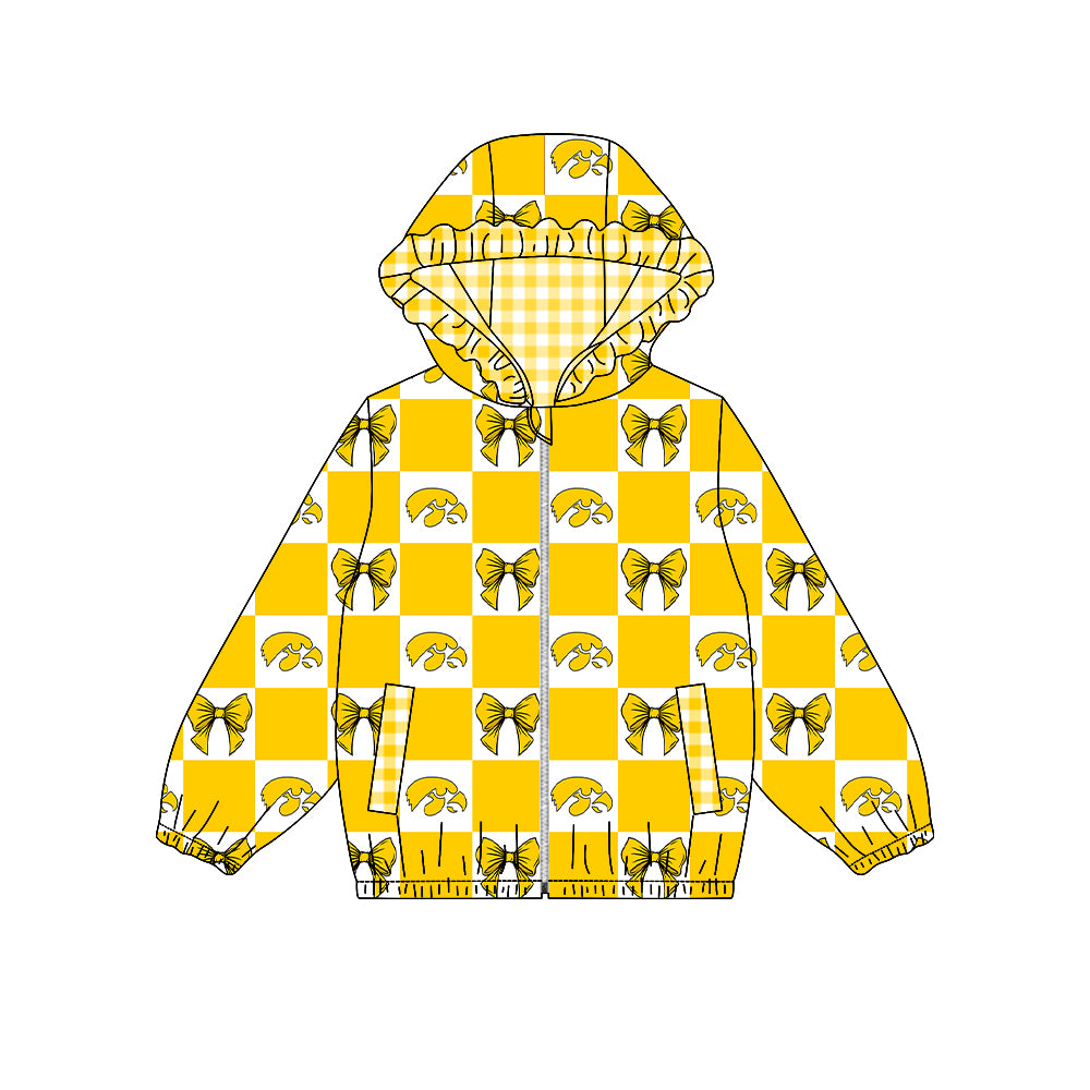( Moq 5 ) Custom Baby Girl Kids Pockets Zipper Hoodie Bows Team Jacket Coat Tops
