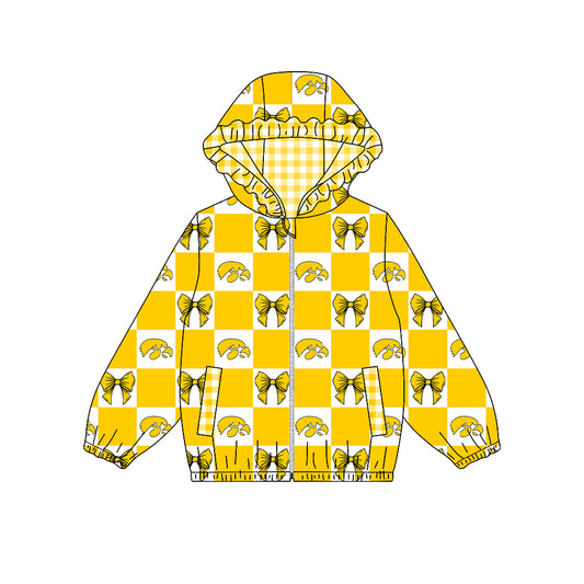 ( Moq 5 ) Custom Baby Girl Kids Pockets Zipper Hoodie Bows Team Jacket Coat Tops