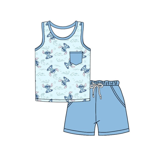 Baby Boy Sleeveless Cartoon Bunny Pocket Tops Shorts Set ( Moq 5 )
