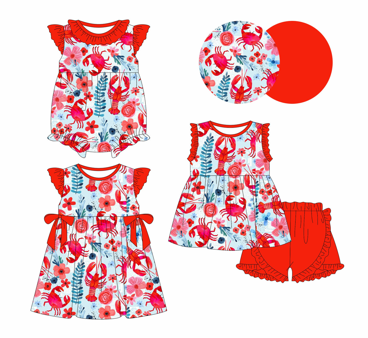 Baby Girl Crawfish Crabs Flower Ruffle Sibling Romper Dress Set ( Moq 5 Each Style ) 2.12