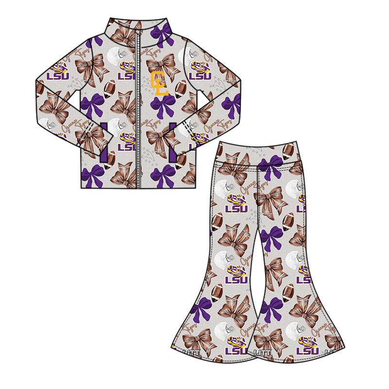 ( Moq 5 each style ) Girls Kids Football Bows Tigers Hoodie Shirt Dress Set