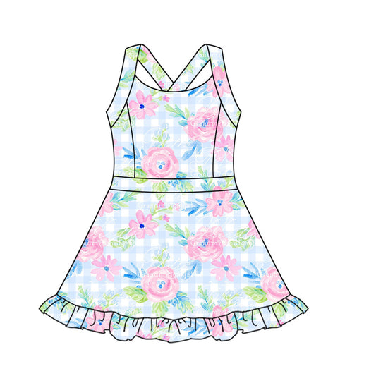 ( Moq 10 ) Baby Girl Straps Flower Plaid Activity Wear Yoga Knee Length Dress