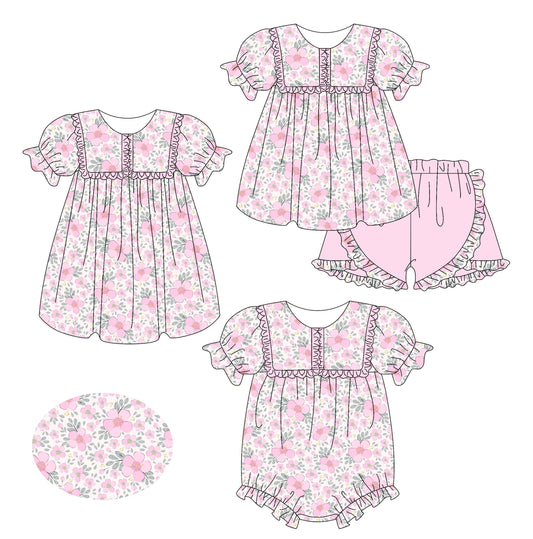 Baby Girl Short Sleeves Pink Flower Sibling Romper Dress Set ( Moq 5 Each Style ) 2.13