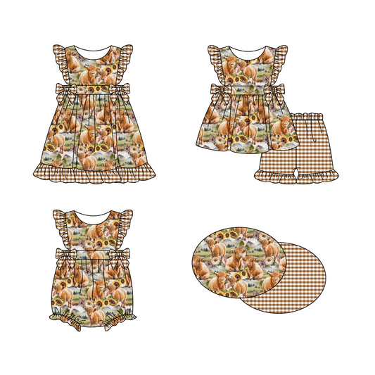 Baby Girl Sunflower Cow Sibling Romper Dress Clothes Set ( Moq 5 Each Design )