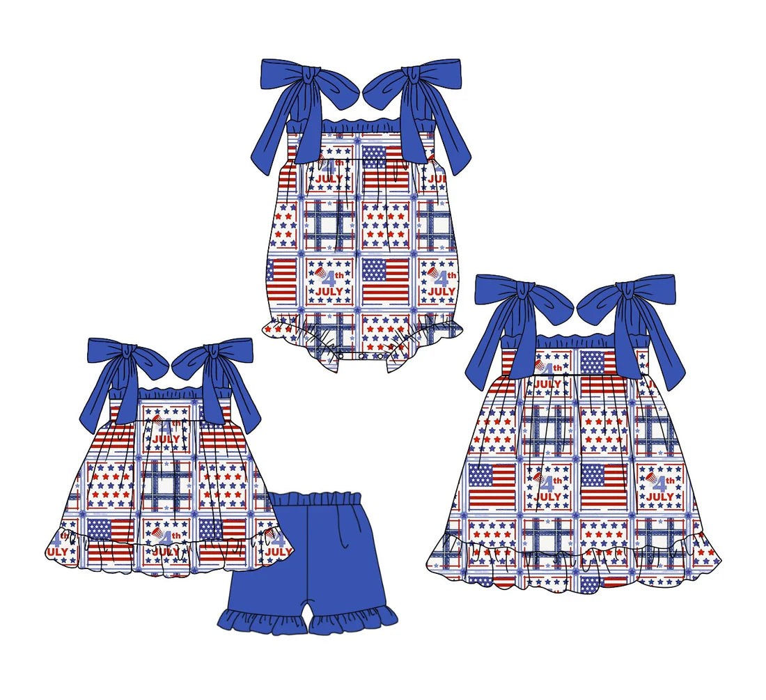 ( Moq 5 Each Style ) Baby Girls Kids Sleeveless Stars Flags Sibling 4th of July Romper Dress Set