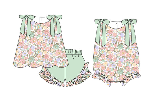 ( Moq 5 Each Style ) Sibling Baby Girls Kids Green Bows Flower Tops Shorts Summer Set Romper