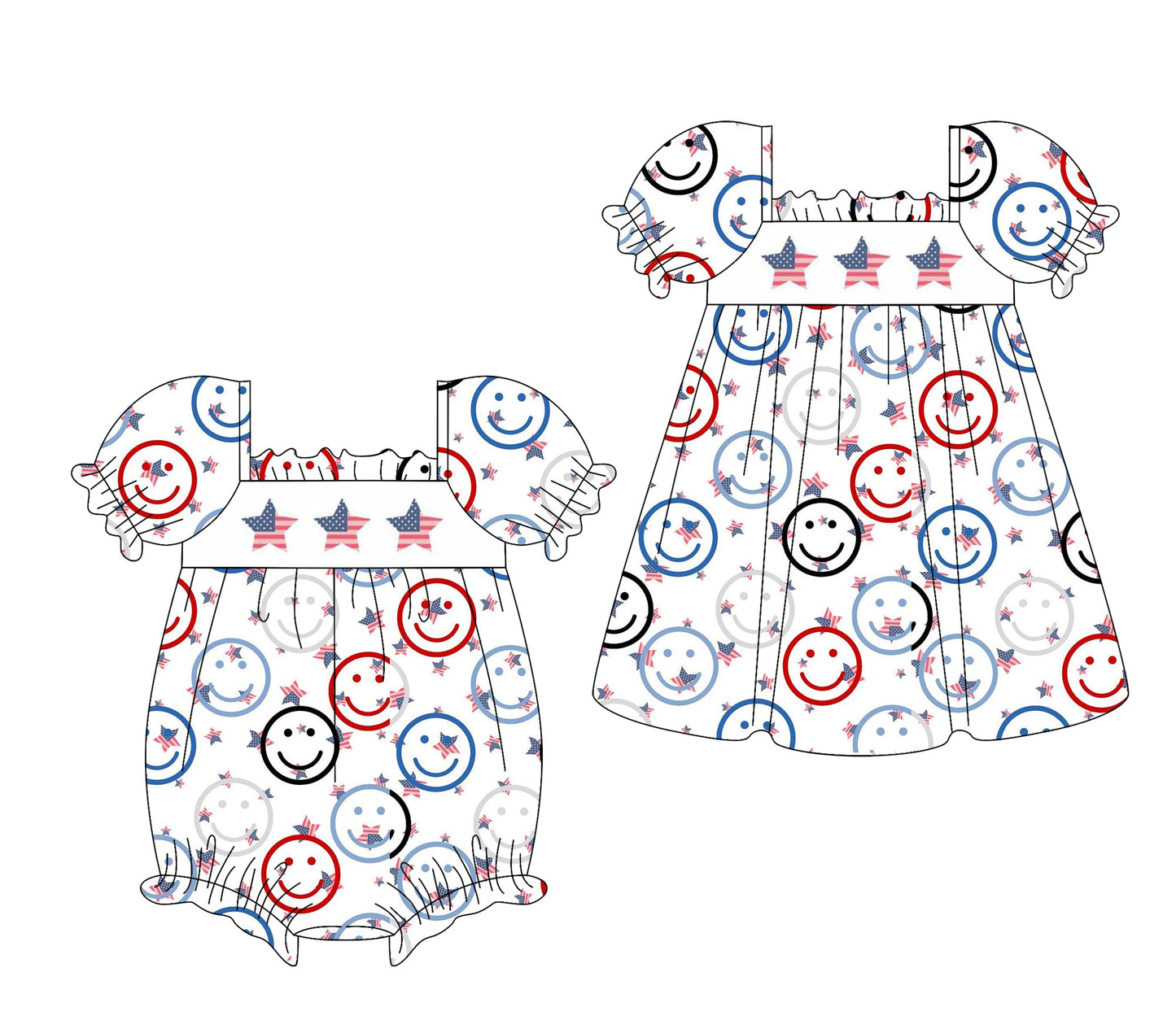 Baby Girl July 4th Smile Stars Sibling Romper Dress ( Moq 5 Each Style ) 1.16