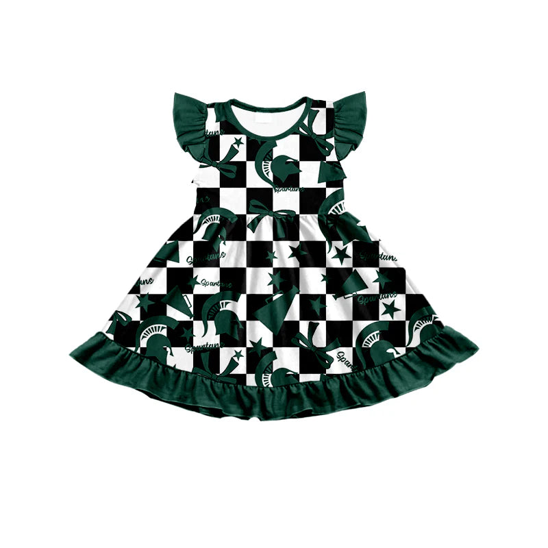 ( Moq 5 each style ) Baby Girl Toddler Team Green Bows Cheer Sibling Checked Dress Set 6.30