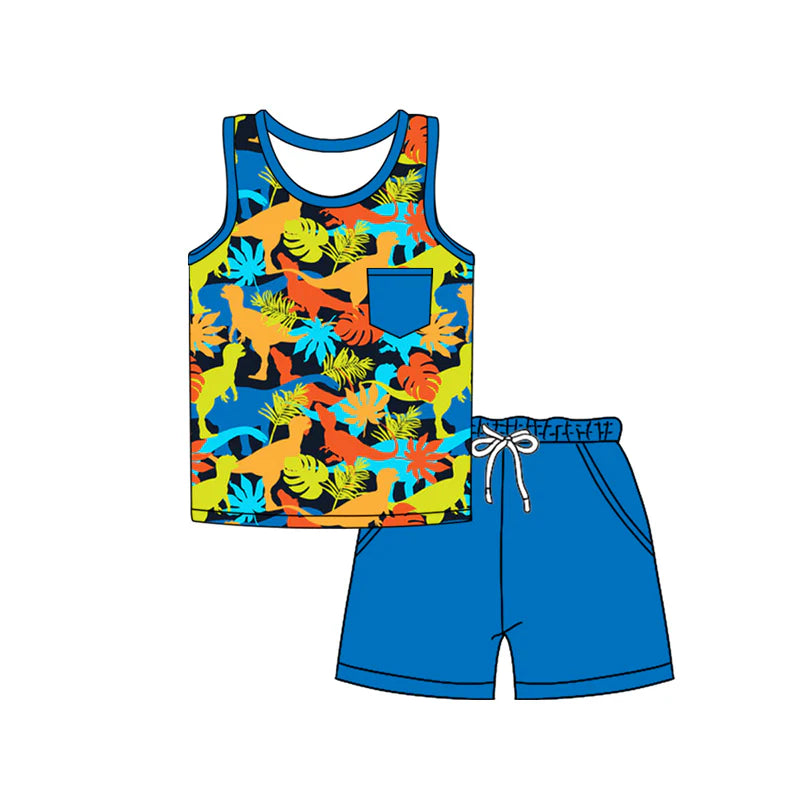 Baby Boy Sleeveless Colorful Dinosaurs Pocket Top Short Set ( Moq 5 )