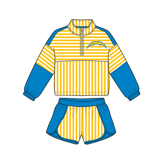 ( Moq 5 ) Baby Girls Kids Long Sleeves Zipper Pullover Stripes Shorts Team Set Clothes