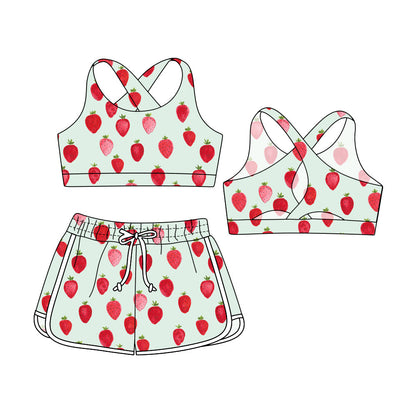 ( Moq 5 Each Style ) Baby Girl Sleeveless Lemon Strawberry Tops Shorts Sibling Swimsuit Set 3.29