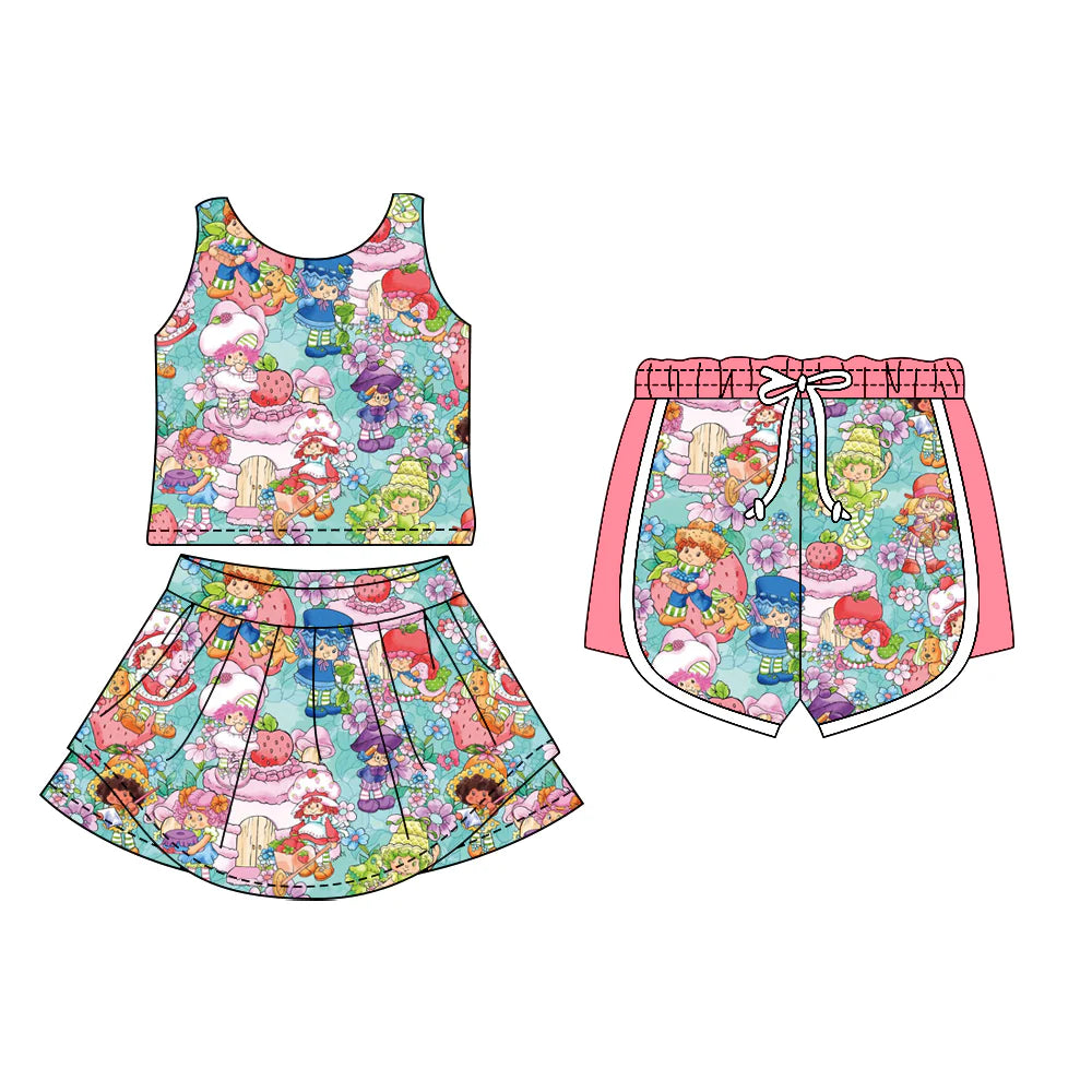 ( Moq 5 Each Style ) Sibling Baby Girls Sleeveless Strawberry Tops Shorts Skirt Set