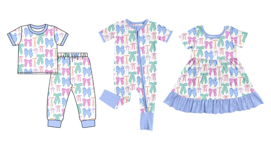 Baby Girl Short Sleeves Bows Flower Sibling Romper Dress Blue Clothes Set ( Moq 5 Each Design )12.5