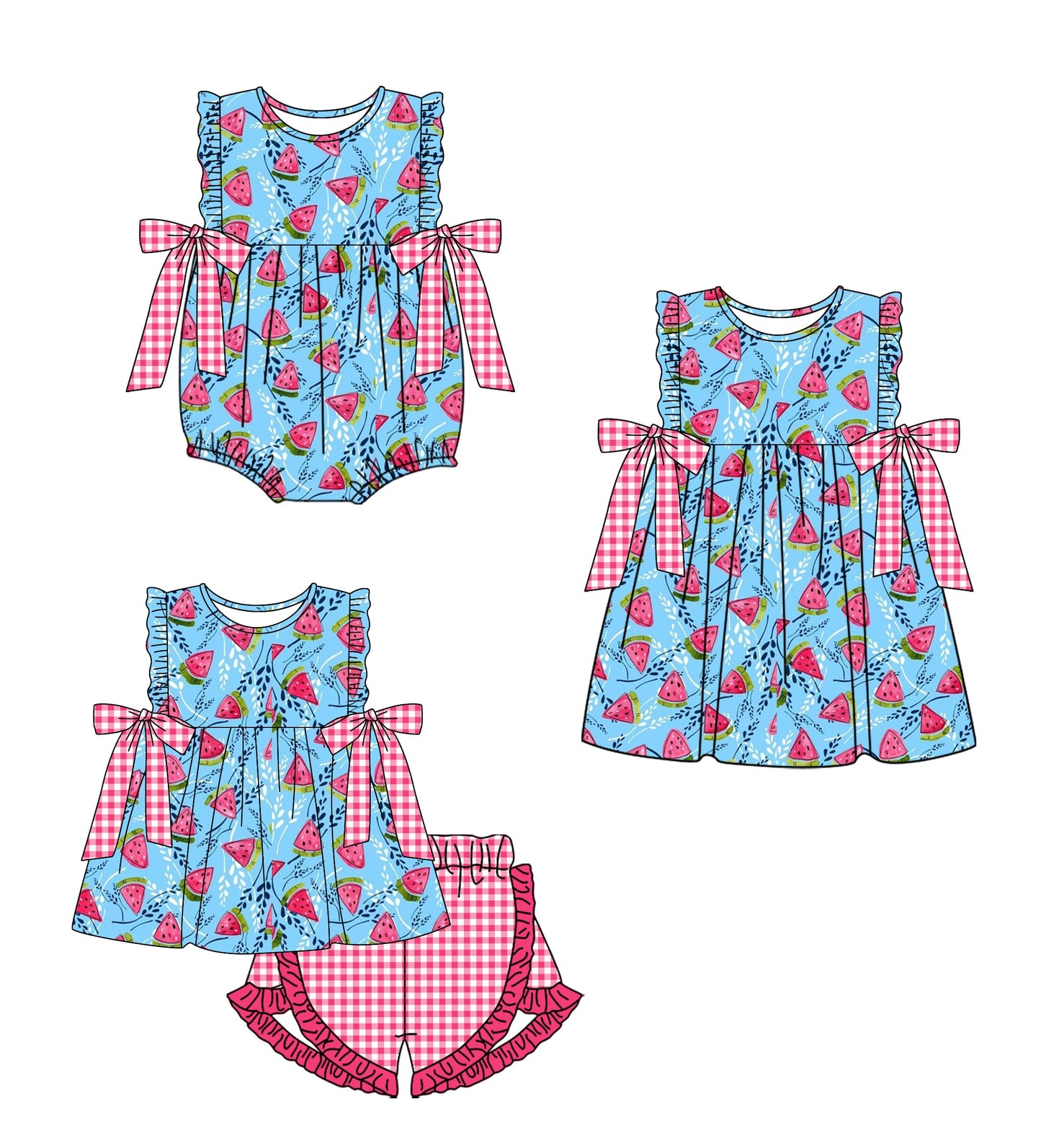 Baby Girl Watermelon Checked Bows Sibling Romper Dress Set ( Moq 5 Each Style ) 1.9