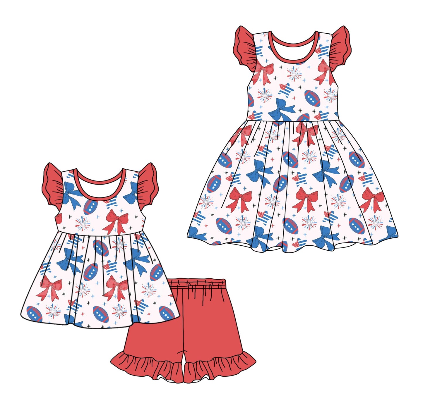 Baby Girl Football Bows July 4h Sibling Dress Set ( Moq 5 Each Style ) 12.24