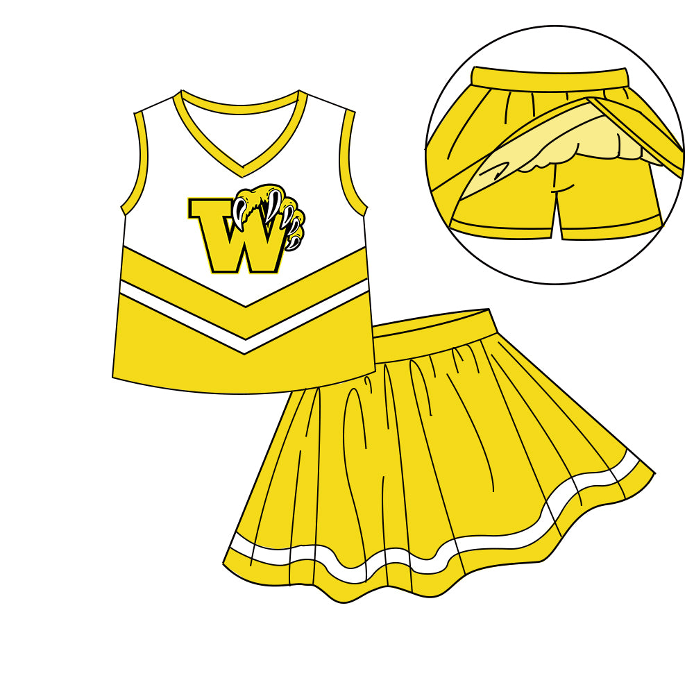 ( Moq 5 ) Baby Girl Sleeveless W Yellow Vest Shorts Skirt Skort Team Cheer Set