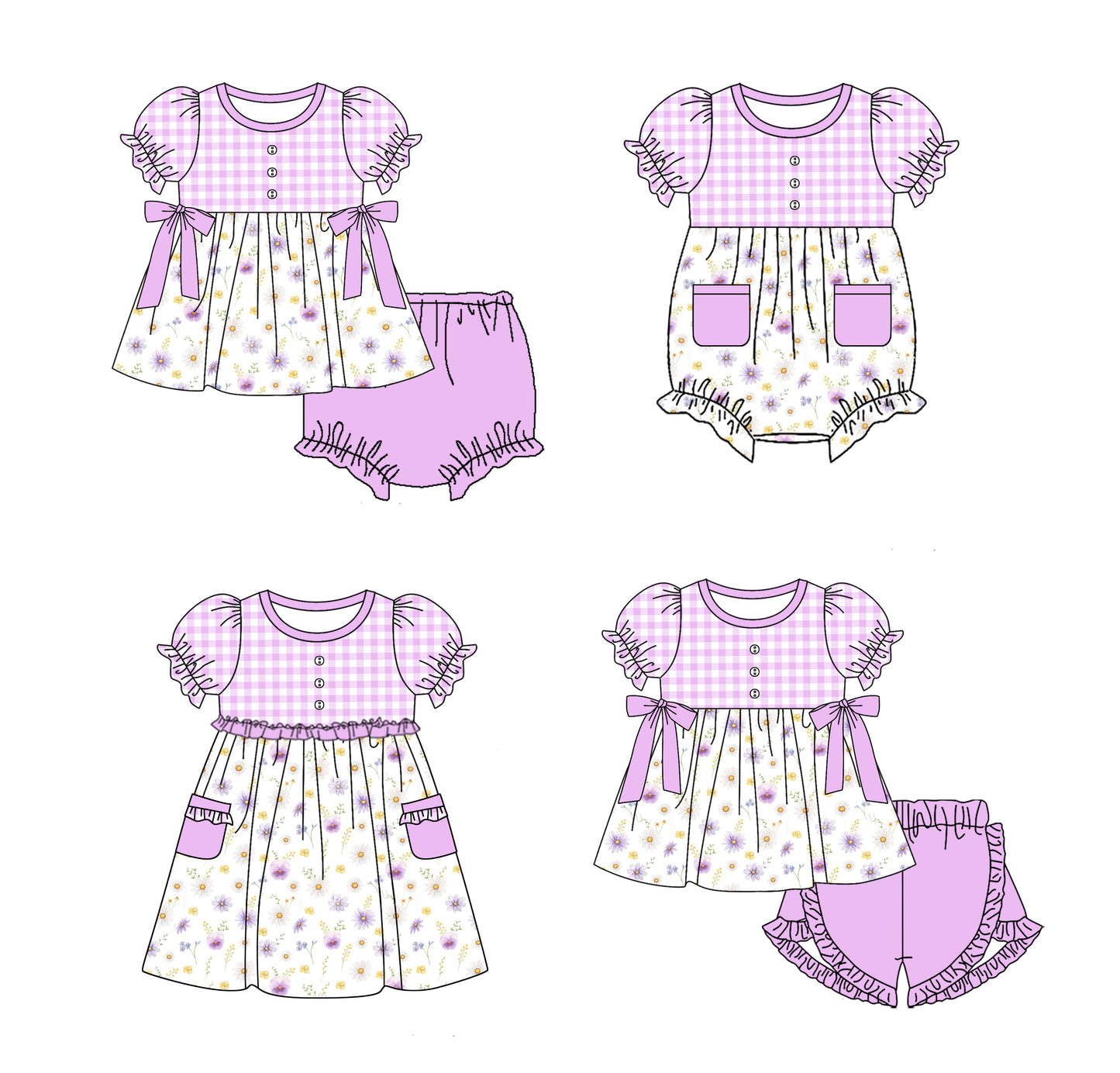 Baby Girl Short Sleeves Flower Plaid Purple Sibling Romper Dress Clothes Set ( Moq 5 Each Design )