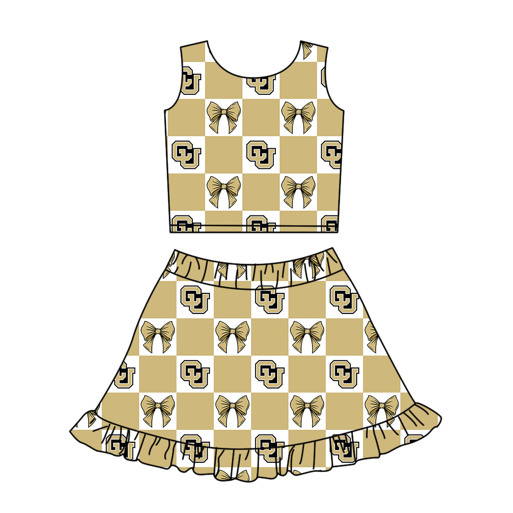 ( Moq 5 ) Baby Girls Kids Sleeveless Khaki Bows Checked Tops Shorts Ruffle Skirt Team Set