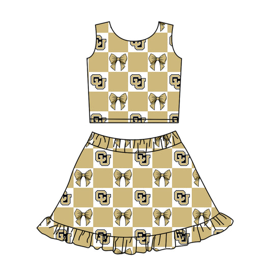 ( Moq 5 ) Baby Girls Kids Sleeveless Khaki Bows Checked Tops Shorts Ruffle Skirt Team Set