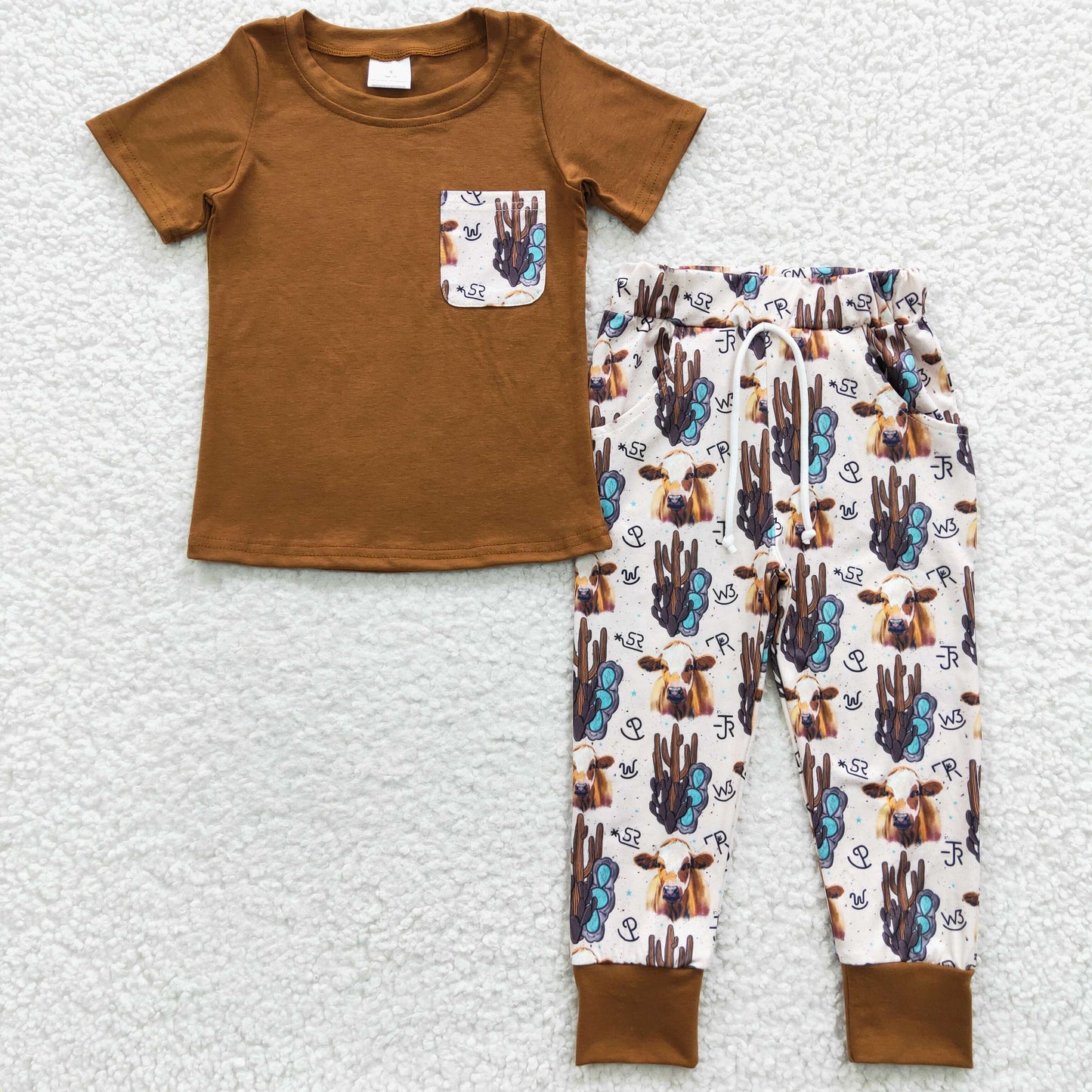 BSPO0107 Baby Boy Western Brown Short Sleeves Pocket Shirt Cactus Cow Pants Outfit