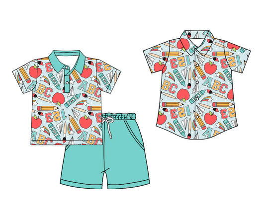 ( Moq 5 Each Style ) Baby Boy Toddler Short Sleeves Pencil Back to School Buttons Shirt Set