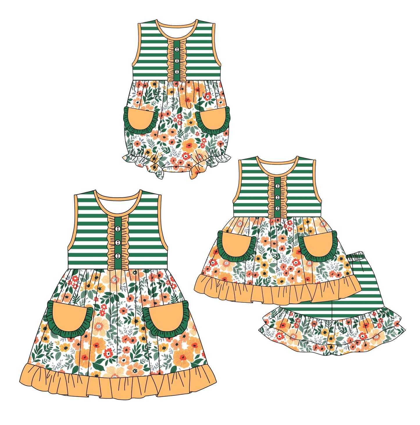 Baby Girl Sleeveless Flower Pockets Stripes Sibling Romper Dress Set ( Moq 5 Each Design ) 12.14