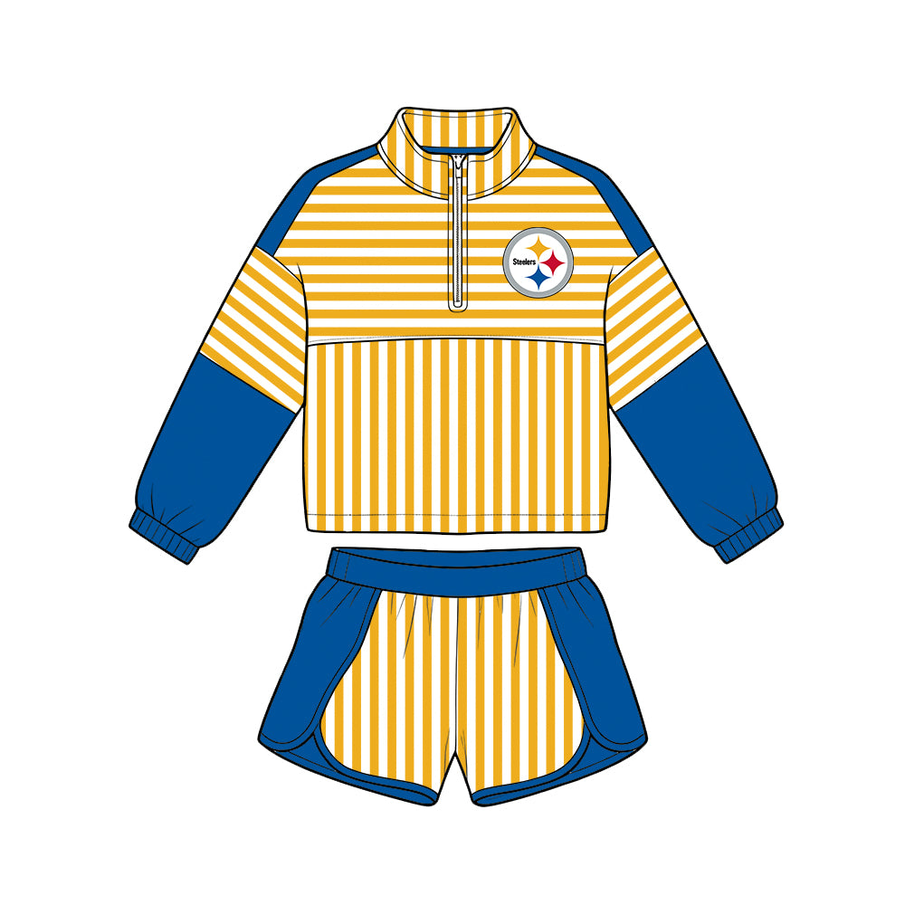 ( Moq 5 ) Baby Girls Kids Long Sleeves Zipper Pullover Stripes Shorts Team Set Clothes