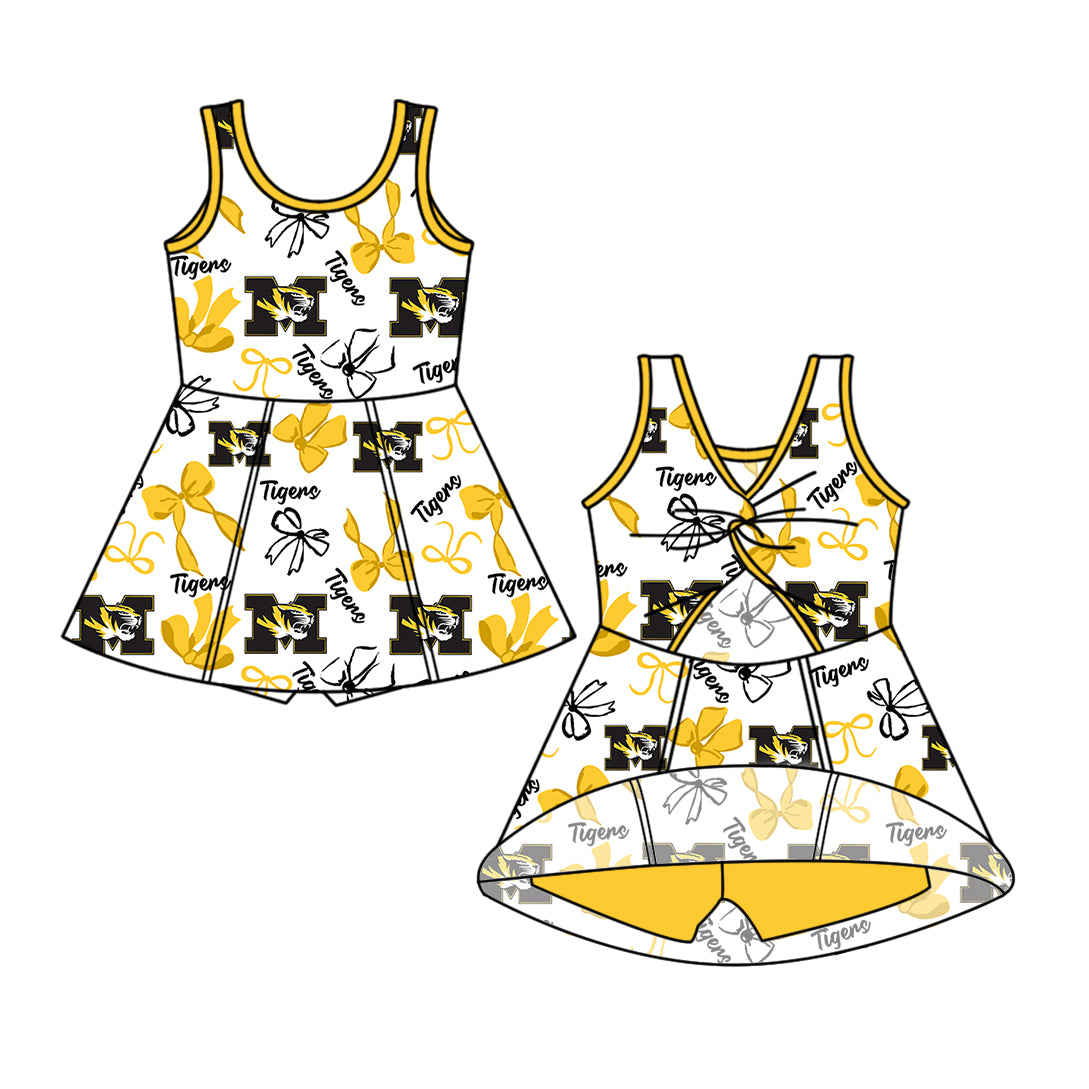 ( Moq 5 Each Style ) Baby Girls Kids Tigers Yellow Bows Sibling Team Shorts Dresses Set