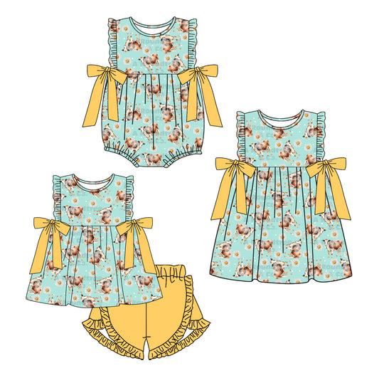 Baby Girl Cow Flower Bows Sibling Matching Romper Dress Clothes Set ( Moq 5 Each Design )