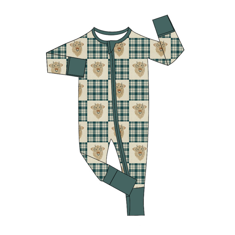 Baby Boy Long Sleeves Green Plaid Cow Western Zipper Romper