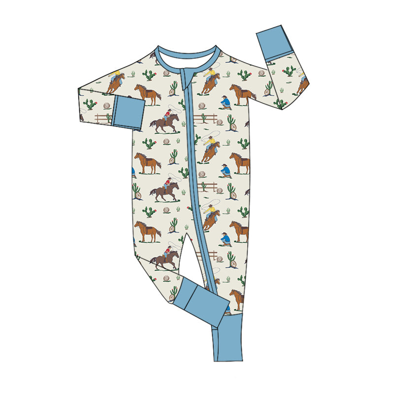 Baby Boy Infant Long Sleeves Western Rodeo Cactus Zipper Blue Romper