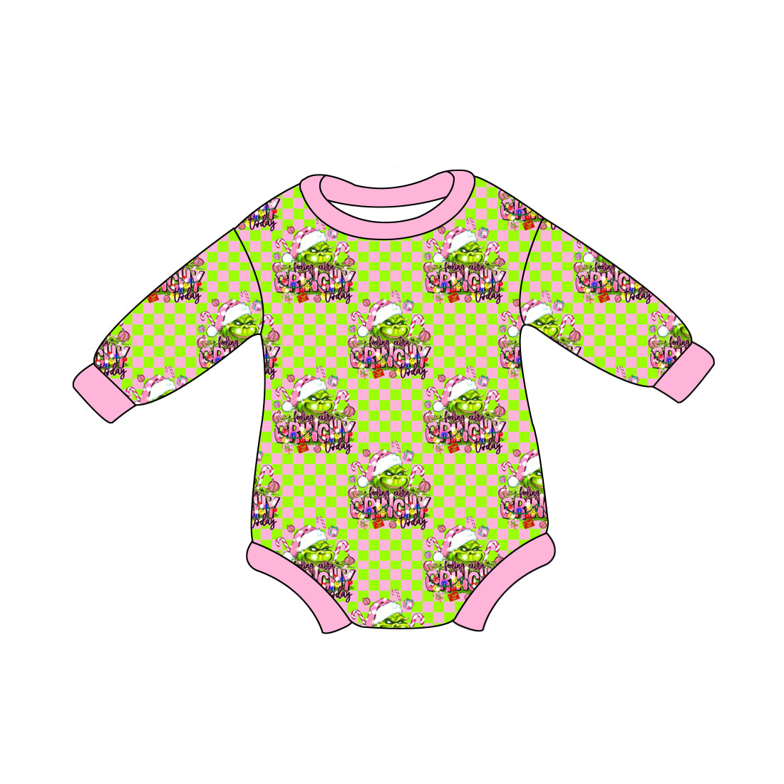 Baby Kids Long Sleeves Christmas Green Face Checkered Romper