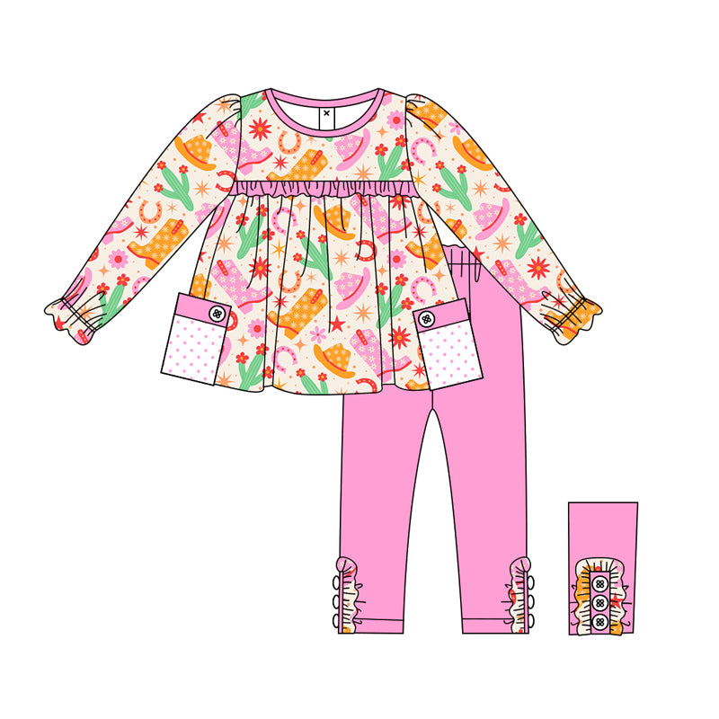 Baby Girl Long Sleeves Western Boots Cactus Tunic Pink Pants Set